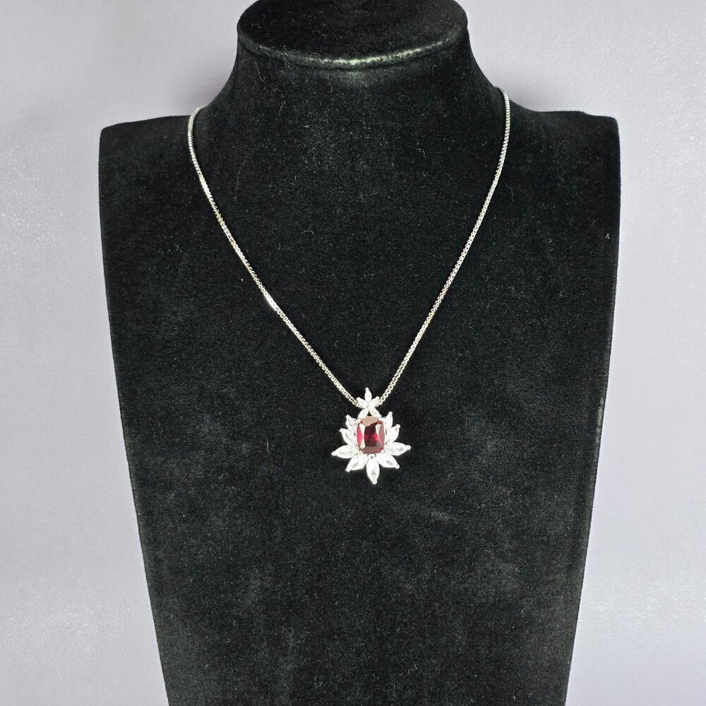 Elegant Silver-Plated Synthetic Ruby Pendant‎ Necklace (NWOT)